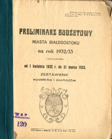 Preliminarz budżetowy miasta Białegostoku na rok 1932/33 od 1 kwietnia 1932 r. do 31 marca 1933 : zestawienie dochodów