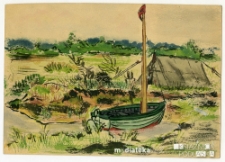Rysunek łódki Bącek z LPŻ w zatoczce rzeki Narew Zbigniewa Kamionowskiego, Białystok, 1959 r.