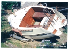Jacht Okaz A-111, typ Karaś 450 w ogródku, Bojary, Białystok, 1987-2006 r.