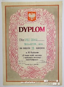 Dyplom dla ZSZ DRKP Białystok za zajęcie VII miejsca w XI konkursie "O lepsze wyniki nauczania i wychowania młodzieży" Szkół Kolejowych