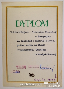 Dyplom dla Technikum Kolejowego Ministerstwa Komunikacji w Białymstoku za osiągnięcia w szkoleniu i wzorową postawę uczniów na Obozie Przysposobienia Obronnego w Skarżysku-Kamiennej