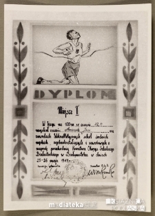 Dyplom za zajęcie II miejsca w biegu na 100 m dla ucznia Jana Arciucha na zawodach lekkoatletycznych szkół średnich męskich, ogólnokształcących i zawodowych