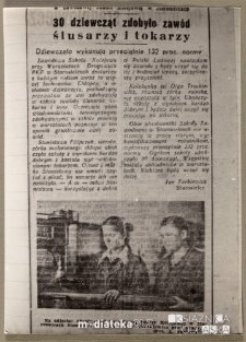 Wycinek z gazety o 30 dziewczętach z zawodem ślusarza i tokarza
