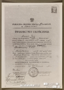 Świadectwo ukończenia Publicznej Średniej Szkoły Zawodowej w Starosielach dla Jana Arciucha, Białystok, Starosielce, 23 czerwca 1950 r.