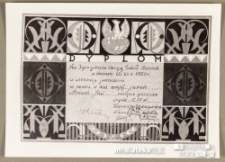 Dyplom za zajęcie I miejsca wieloboju junackim, w skoku w dal dla junaka Jana Arciucha na Igrzyskach Okręgowych Szkół Zawodowych, 20-21 maja 1950 r.