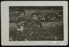 Córki Tatiany Jasińskiej pozują do zdjęcia przy rabacie kwiatowej, Giżycko, lata 50. XX w.