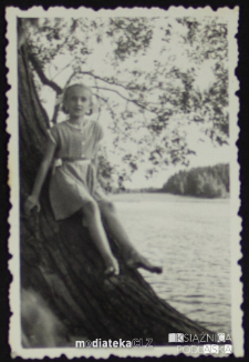 Portret dziewczynki siedzącej na drzewie, jezioro Zygmunta Augusta, Czechowizna, lata 50. XX w.