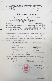 Świadectwo z egzaminu uzupełniającego wydane przez Państwową Komisję Egzaminacyjną dla czynnych a niewykwalifikowanych nauczycieli szkół powszechnych w Łomży