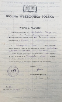 Wypis z albumu Wolnej Wszechnicy Polskiej stwierdzający, że Maria Wodzyńska była słuchaczką Wszechnicy w latach 1921-1925
