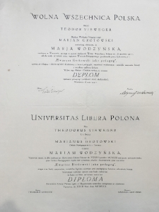 Dyplom Wolnej Wszechnicy Polskiej, stwierdzający, że Maria Wodzyńska [Kolendo] odbyła studia na Wydziale Pedagogicznym i przedstawiła pracę dyplomową pt: "Ewaryst Estkowski jako pedagog " i złożyła egzamin dyplomowy