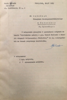 Tajne nauczanie. Bielsk Podlaski 1941-1944. Korespondencja z prof. Ryszardem Wroczyńskim ws. artykułu opracowywanego przez M. Kolendo przed złożeniem do Przeglądu Historyczno-Oświatowego