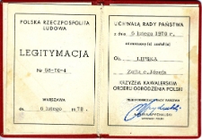 Legitymacja Krzyża Kawalerskiego Orderu Odrodzenia Polski przyznanego Zofii Lipskiej