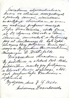 Zaświadczenie o pracy Zofii Frankiewicz w Bydgoskim Seminarium Muzycznym wtystawione przez Antoninę Dworakowską