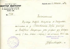 Poświadczenie zatrudnienia Zofii Frankiewicz w Prywatnym Instytucie Muzycznym w Białymstoku