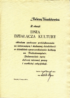 Dyplom Heleny Frankieiwcz z okazji Dnia Działacza Kultury