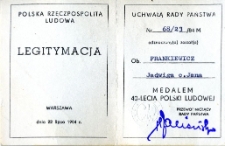 Legitymacja medalu 40-lecia Polski Ludowej przyznanego Jadwidze Frankiewicz