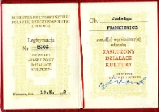 Legitymacja odznaki Zasłużony Działacz Kultury przyznanej Jadwidze Frankiewicz