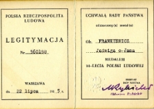 Legitymacja medalu 10-lecia Polski Ludowej przyznanego Jadwidze Frankiewicz