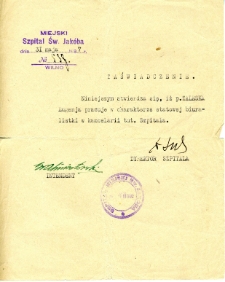 Zaświadczenie dotyczące pracy Eugenii Zaleskiej w Szpitalu św. Jakuba