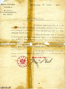 Świadectwo zatrudnienia Heleny Skrzędziejewskiej w Banku Polskim