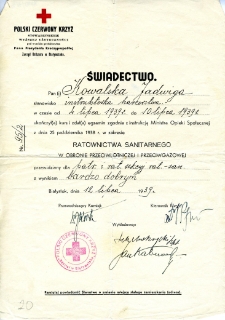 Świadectwo zdania egzaminu na ratownika przez Jadwigę Kowalską