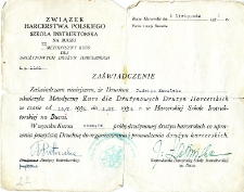 Zaświadczenie wystawione Jadwidze Kowalskiej przez ZHP o ukończeniu kursu dla drużynowych