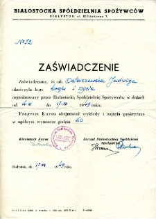 Zaświadczenie ukończenia kursu kroju i szycia przez Jadwigę Ostaszewską