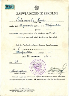 Świadectwo szkolne Marii Ostaszewskiej