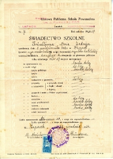 Świadectwo szkolne Marii Grundl