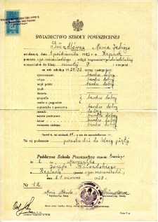 Świadectwo szkolne Marii Grundl