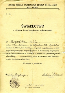 Świadectwo ukończenia kursu koszykarstwa galanteryjnego przez Sabinę Rogulską