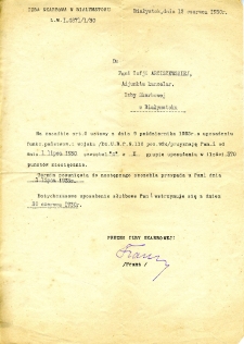 Pismo dotyczące zmiany uposażenia Zofii Arciszewskiej