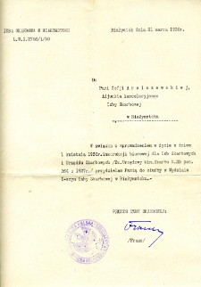 Pismo dotyczące przydzielenia Zofii Arciszewskiej do służby w I wydziale Izby Skarbowej