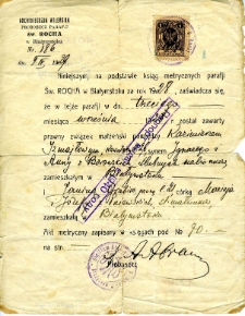 Zaświadczenie o zawarciu związku małżeńskiego między Janiną Grabiec i Kazimierzem Izmajłowem