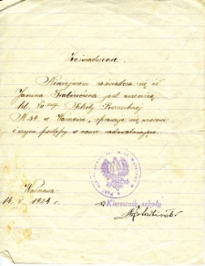 Zaświadczenie szkolne Janiny Grabiec