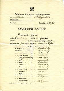 Świadectwo szkolne Alicji Bronowicz