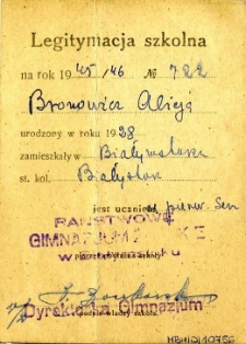 Legitymacja szkolna Alicji Bronowicz