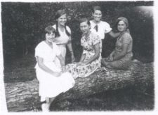 Pięć dziewcząt siedzących na pniu