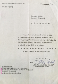 Decyzja zatwierdzająca uchwałę Rady Wydziału Lekarskiego AMB o nadaniu stopnia naukowego docenta