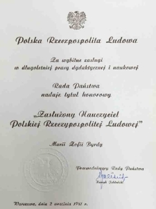 Dyplom potwierdzający nadanie tytułu honorowego 'Zasłużony Nauczyciel'