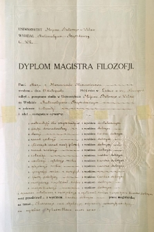 Dyplom magistra filozofii Marii ze Stasiewiczów Stasiewiczowej